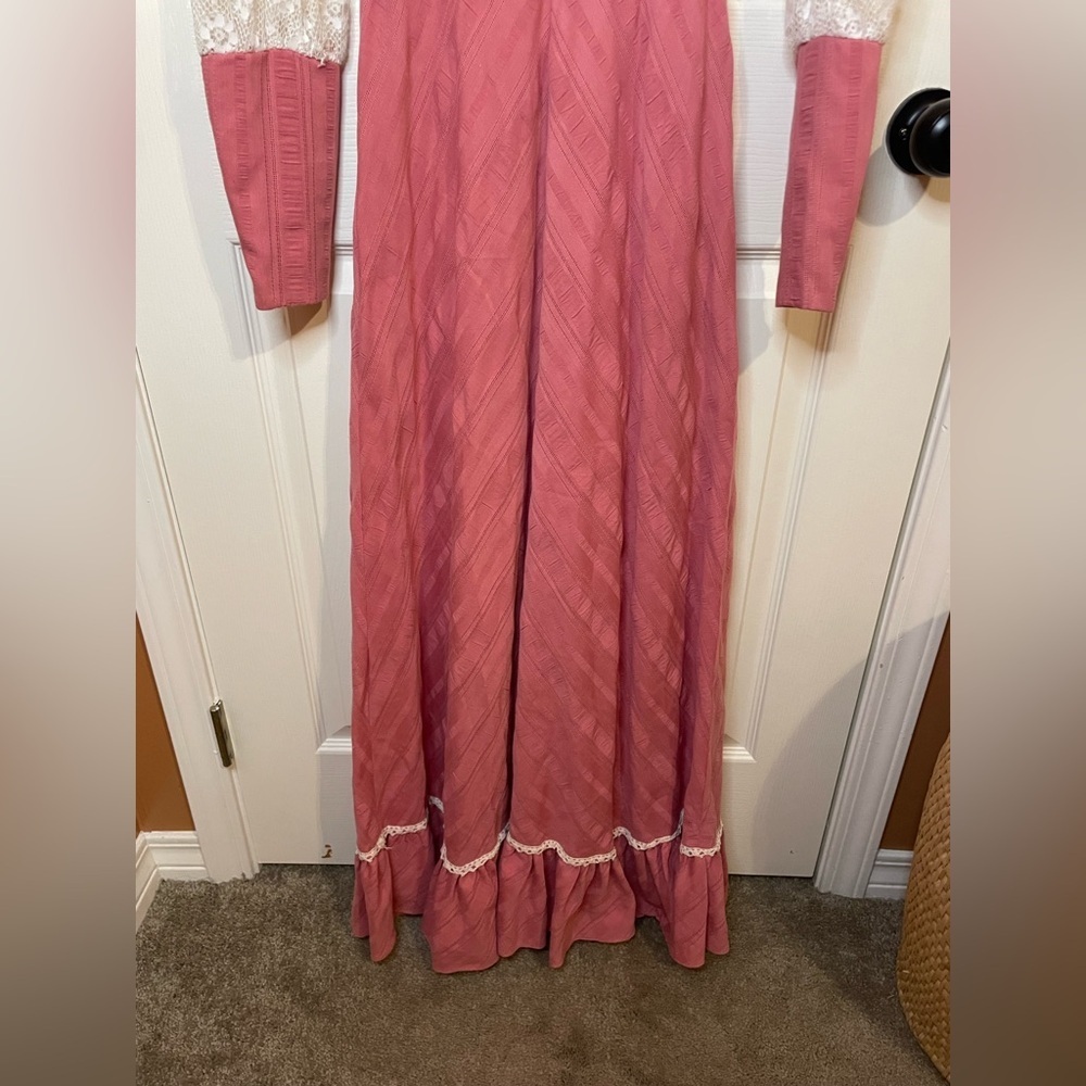 Prairie Cottagecore Vintage 1960s Pink Long Sleeve Maxi Dress Size 7 *Rare* - Picture 3 of 16